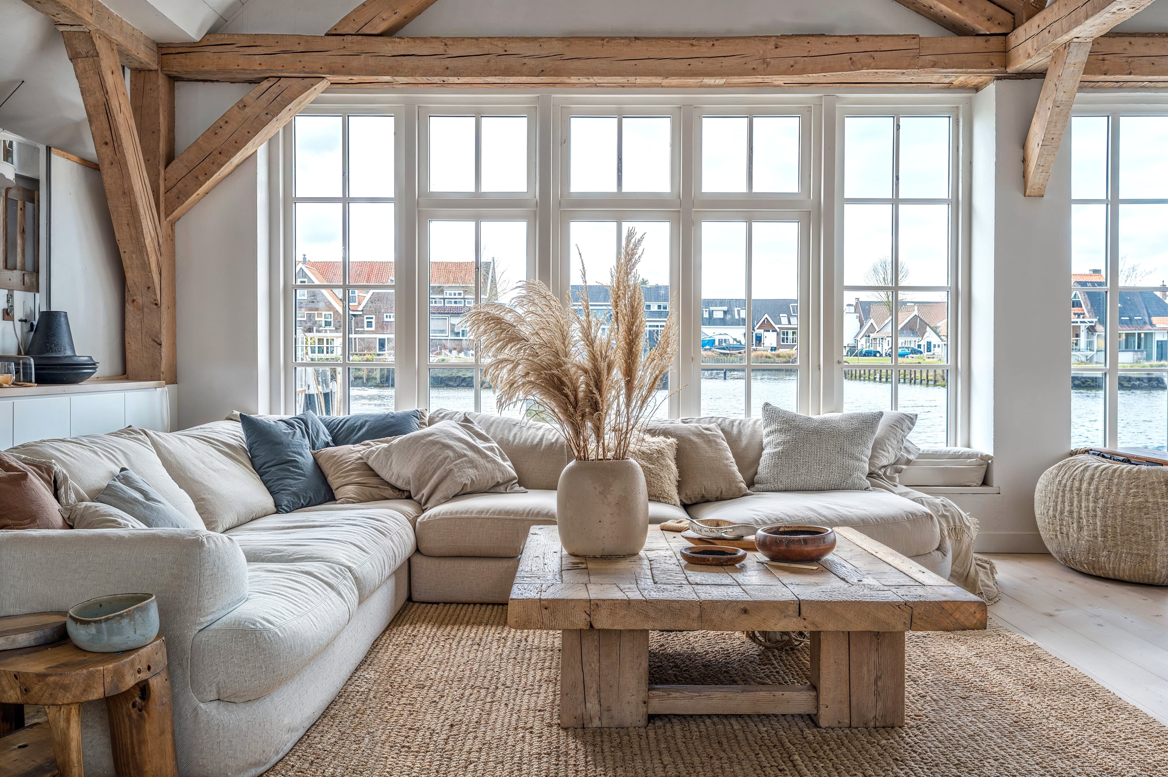 A layered, lived-in living room — exposed beams, linen sectional, reclaimed wood